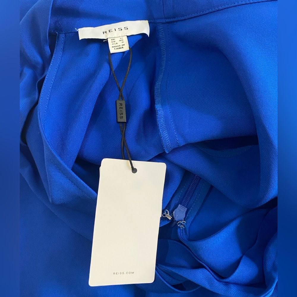 🆕REISS Libby Cobalt Blue Mock Neck Fit & Flare Asymmetrical Hem Midi Dress 8 - Picture 6 of 15